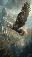 Bald Eagle Soaring Through the Wilderness. Symbol of Freedom and Power in Nature's Flight. With its Big Wingspan and Piercing Eyes