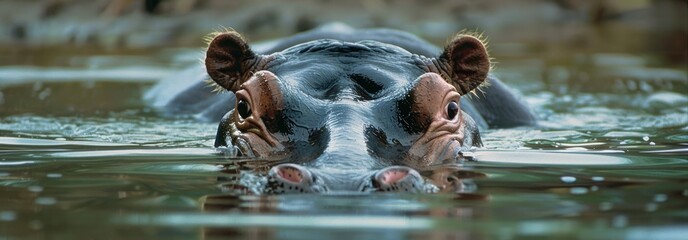 Close Portrait of Powerful Hippopotamus Submerged in Waters. Massive Mammal Peering with Big, Dangerous Eyes