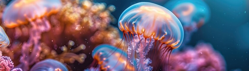 Glowing Underwater Beauty. Jellyfish Dance in the Deep Blue Sea. With their Translucent Bodies and...
