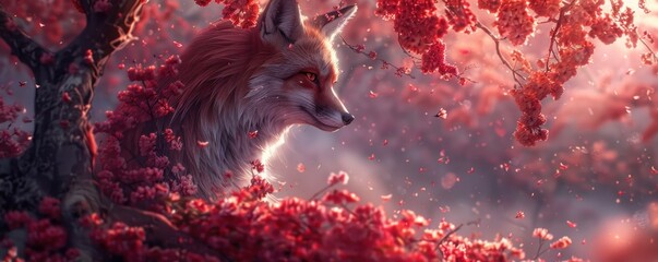 Graceful Fox in a Flowered Grove. Portrait of a Red Fox, Captured Amidst a Bed of Blooming Flowers in the Heart of the Forest - obrazy, fototapety, plakaty