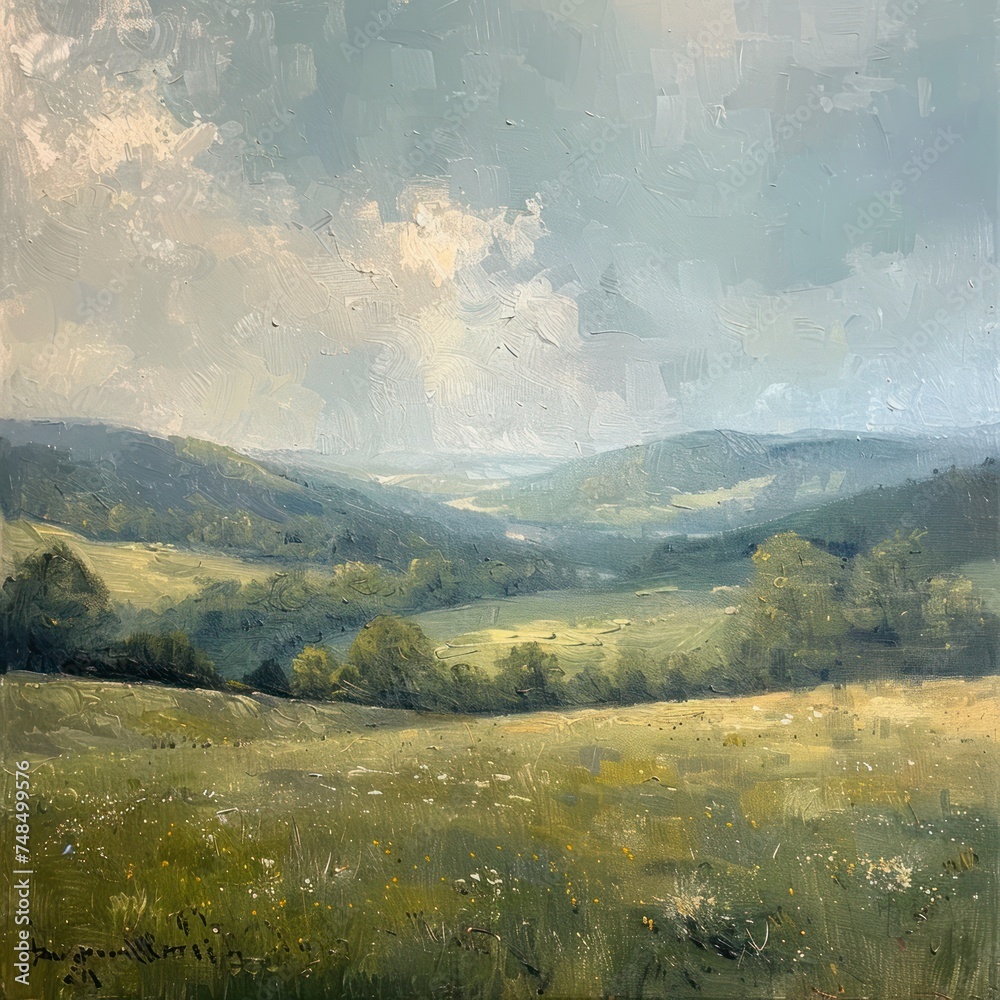 Wall mural sunset over the meadow: a breathtaking landscape bathed in the warm glow of the setting sun. nestled