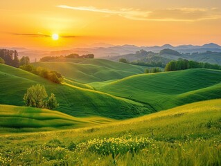 Obraz premium Sunset over the Meadow: A Breathtaking Landscape Bathed in the Warm Glow of the Setting Sun. Nestled between Majestic Mountains, the Meadow Stretches