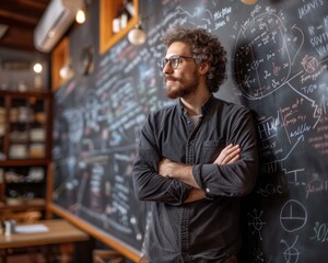 Obraz premium Young Man at Blackboard. Confident Portrait of Education and Knowledge. Standing before the Chalkboard, this Handsome Man Exudes Confidence and Authority