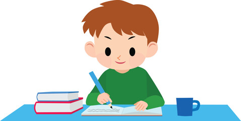 Schoolboy with a book. A boy wearing green clothes studying. Vector Illustration.