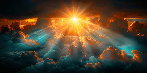 Fotobehang Bright sun shining through dramatic clouds, perfect for adding warmth and energy to your website, social media or design projects.rays of light shining through clouds, © Planetz