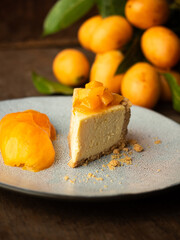 slice of Mayongchid, Plango or Marian Plum fruit cheesecake on plate