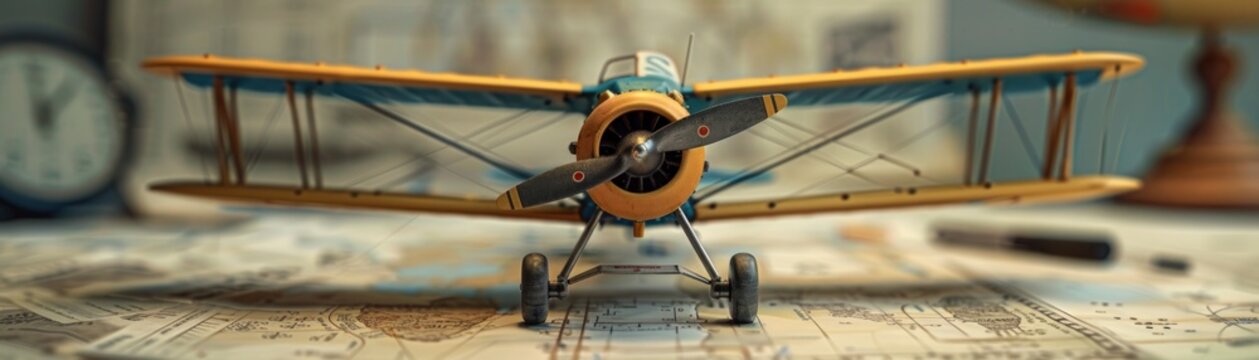 Vintage Biplane. Nostalgic Journey into Aviation History. Amidst the Blue Sky, a Classic Biplane Soars Evoking Memories of Early Flight Adventures