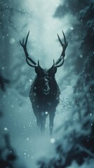 Obraz na płótnie Canvas Silhouette of a deer Haunting the Winter Forest Capturing the Chilling Atmosphere of a Snowy Night