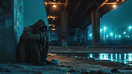 Homeless man prepare to spend the night under a bridge - obrazy, fototapety, plakaty