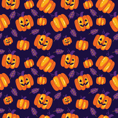 Halloween seamless background Halloween pumpkin seamless pattern vector, pumpkin, vector seamless pattern for Halloween in hand-drawn style on a purple background