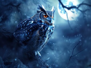Owls Guardians of the Night Sky. Backdrop of a Full Moon and Midnight Blue Sky, Owls Perch Silently on Branches