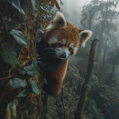 Naklejka premium Curious Red Panda Perched on Tree. Portrait of Cute Wild Mammal in Natural Habitat Endangered Lesser Panda Native