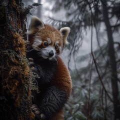 Curious Red Panda Perched on Tree. Portrait of Cute Wild Mammal in Natural Habitat Endangered Lesser Panda Native