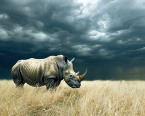 Fototapeta premium Powerful Rhinoceros in Action Mammal Running Across Savanna Endangered Wildlife Photography Capturing the Strength and Beauty
