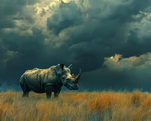 Keuken spatwand met foto Powerful Rhinoceros in Action Mammal Running Across Savanna Endangered Wildlife Photography Capturing the Strength and Beauty © Thares2020