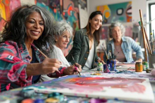 Senior lady artist enjoying painting activity in studio with her friends