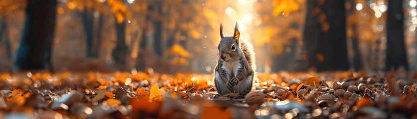 Closeup Portrait of Adorable Squirrels Amidst Autumn Foliage Capturing the Beauty and Playfulness...