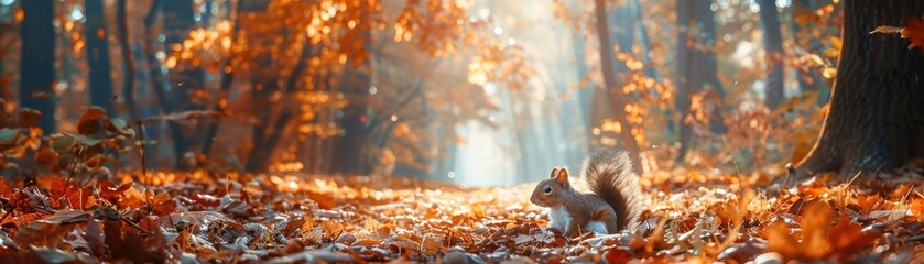 Closeup Portrait of Adorable Squirrels Amidst Autumn Foliage Capturing the Beauty and Playfulness of Wildlife in Nature Playground - obrazy, fototapety, plakaty