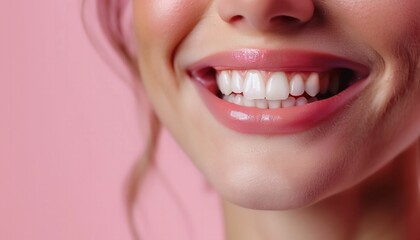 Obraz premium Close-up portrait of a young woman with a toothy smile on her face against a pink background.