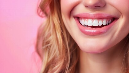 Fototapeta premium Close-up portrait of a young woman with a toothy smile on her face against a pink background.