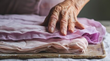 Fototapeta premium aged hands, bathed in sunlight, as they carefully fold a soft, pink fabric on a rustic wooden board