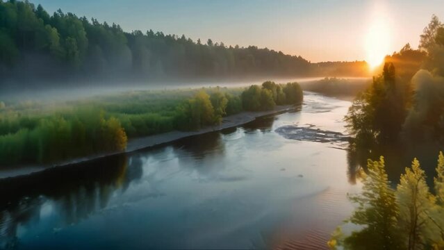Sunrise River Mist: Serene morning scene with mist over river, reflecting the tranquil beauty of nature, surrounded by trees and a calm, misty atmosphere