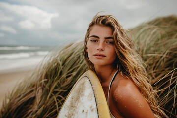 Woman holding her surfboard on the beach