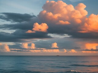 Ocean's Glowing Skies: A captivating scene with the sun setting over the calm waters, painting the sky with warm hues, amidst gentle waves and serene clouds
