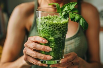 Woman is preparing a healthy detox smoothie in the kitchen