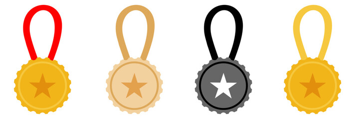 Champion Gold, Silver and Bronze Medal with Red Ribbon Icon Sign First, Second and Third Place Collection Set Isolated on Transparent Background. Vector Illustration