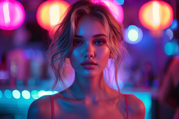 Naklejka na ściany i meble Beautiful young woman dancing in a nightclub with neon colors lights