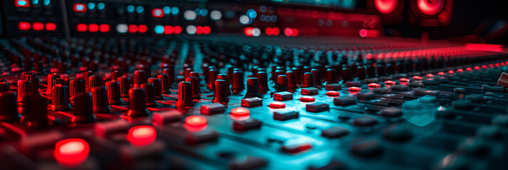 close up of the sound board inside a recording studio, Equalizer of mixing console,