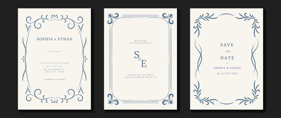 Luxury wedding invitation card vector. Elegant art nouveau classic antique design, blue line, frame on white background. Premium design illustration for gala, grand opening, art deco.