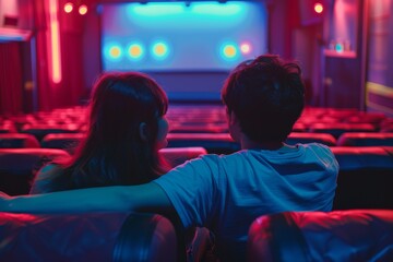 Obraz premium Young couple man and girl watching a movie in a movie theater