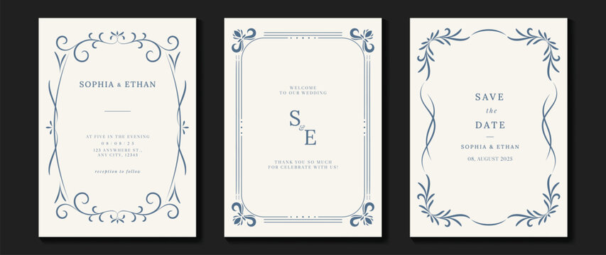 Luxury wedding invitation card vector. Elegant art nouveau classic antique design, blue line, frame on white background. Premium design illustration for gala, grand opening, art deco.