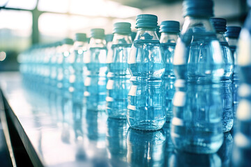 Plastic bottles of mineral water on an assembly line in a bottling factory.