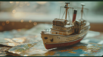 Obraz premium Vintage Toy Ship on a Map, Conceptual Image of Nautical Travel and Adventure with Miniature Boat