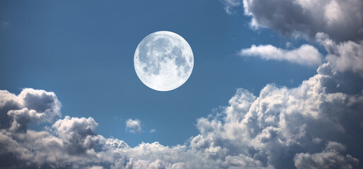 Naklejka na ściany i meble Moon, cloud and blue sky with light for twilight, fog or weather of natural scenery in nature. Moonlight, sphere or full circle with cloudy fog, lunar or bright orb of glowing hemisphere in the air