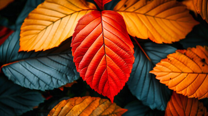 Fototapeta premium Closeup of Colorful Autumn Leaves, Bright Seasonal Foliage, Nature and Beauty Concept, Fall Landscape Detail