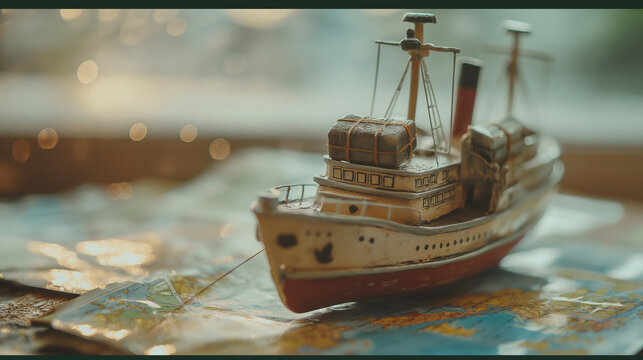 Vintage Toy Ship on a Map, Conceptual Image of Nautical Travel and Adventure with Miniature Boat