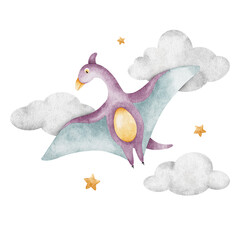 Cute purple dinosaur flying in clouds, stars. Isolated hand drawn watercolor illustration of dino. Clipart of pterodactylus for children's invitation cards, baby shower, decoration of kid's rooms © Fedulova_art