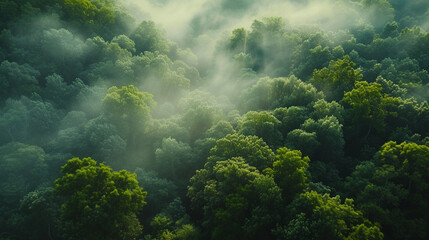 Naklejka na ściany i meble Early morning mist weaving through a dense forest, the trees emerging ghostly green, a scene of ethereal purity