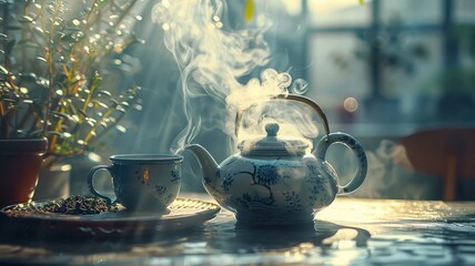 Steam rises from the teapot, signaling readiness for a soothing brew - obrazy, fototapety, plakaty