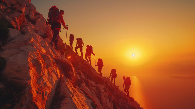 Hikers team climbing up mountain cliff at sunset