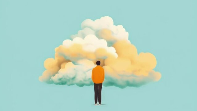 A person with their head down their face hidden in a cloud of guilt. Psychology art concept. .