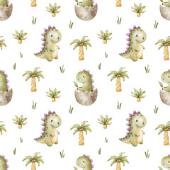 Cute green dinosaurs and Palm trees. Childish background of tyrannosaurus rex. Print with dino. Watercolor seamless pattern for design kid's goods cards, postcards, fabric, scrapbook, office supplies © Fedulova_art