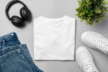 T-shirt, jeans and white sneakers on gray background top view - obrazy, fototapety, plakaty
