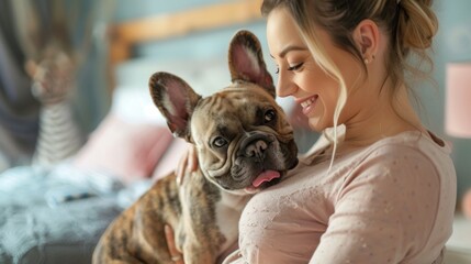 Pregnant Woman and Her French Bulldog Generative AI
