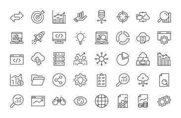 Data analytics line icons set. network, computer, infographic, tech, analysis, finance, chart, marketing. vector illustration. 
editable stroke icon.