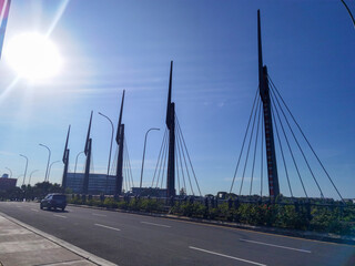 Fototapeta premium beautiful aerial view with bridge over the river in Makassar City